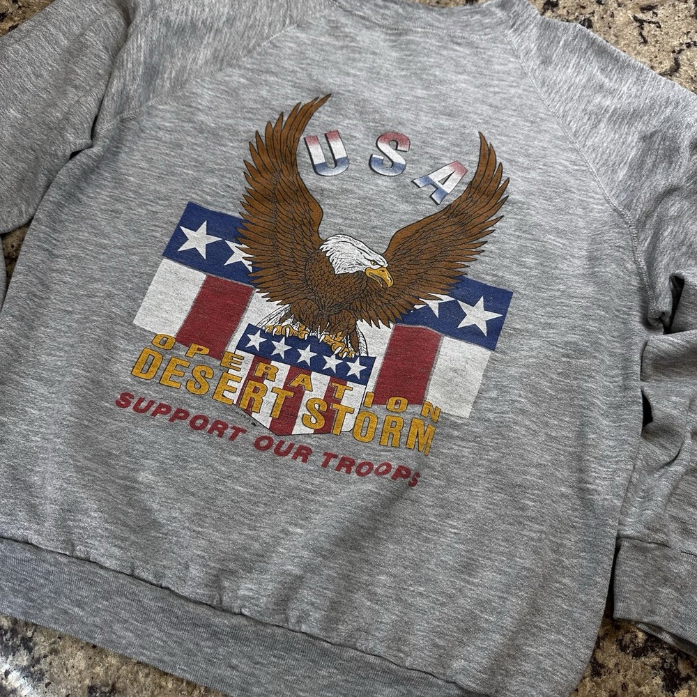 Vtg Desert Storm Sweatshirt M Grey USA Military Eagle Troops Action tag 90s M